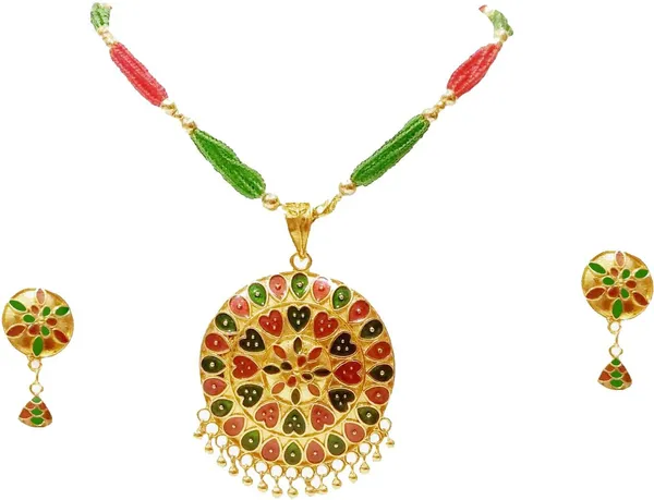 Assamese_Traditional_Gold_Plated_Red_Green_Colour_Japi_Tassel_Jewellery_Set_For_Women
